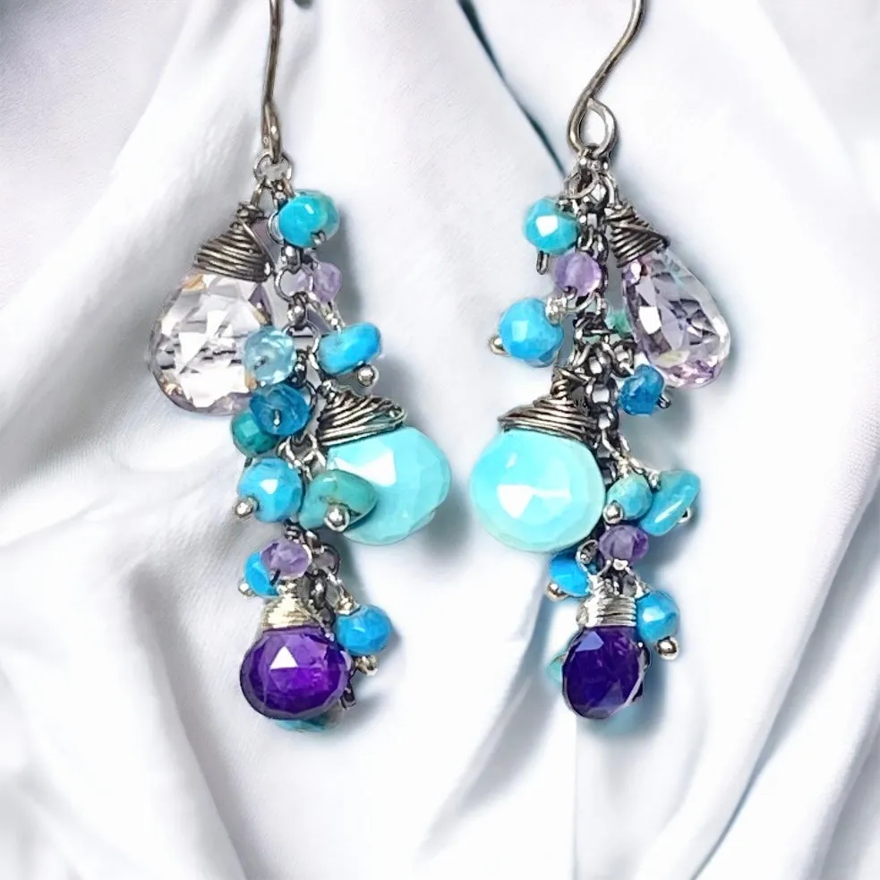Sleeping Beauty Turquoise Dangle Earrings with Amethyst in Oxidized Sterling Silver