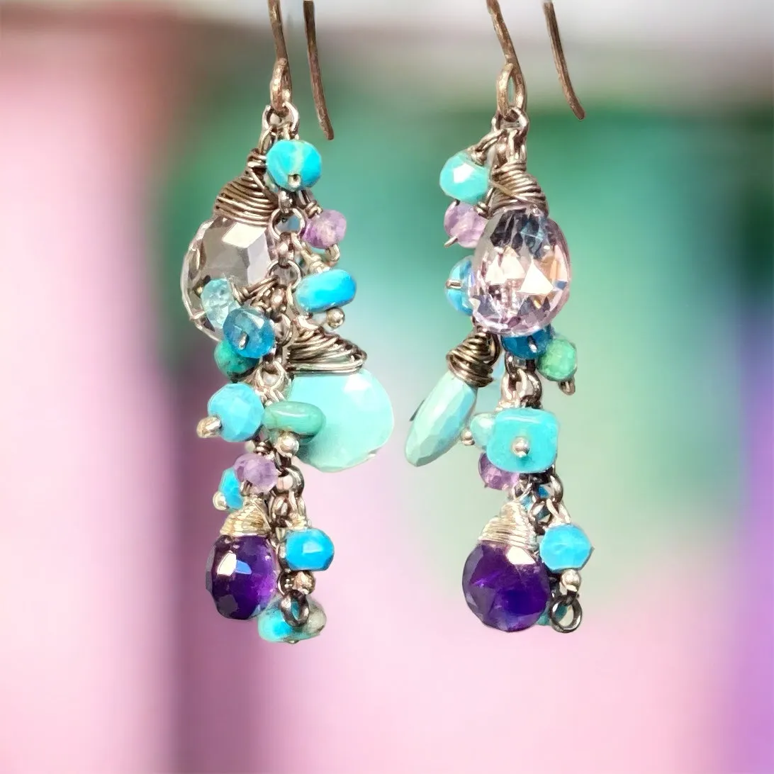Sleeping Beauty Turquoise Dangle Earrings with Amethyst in Oxidized Sterling Silver