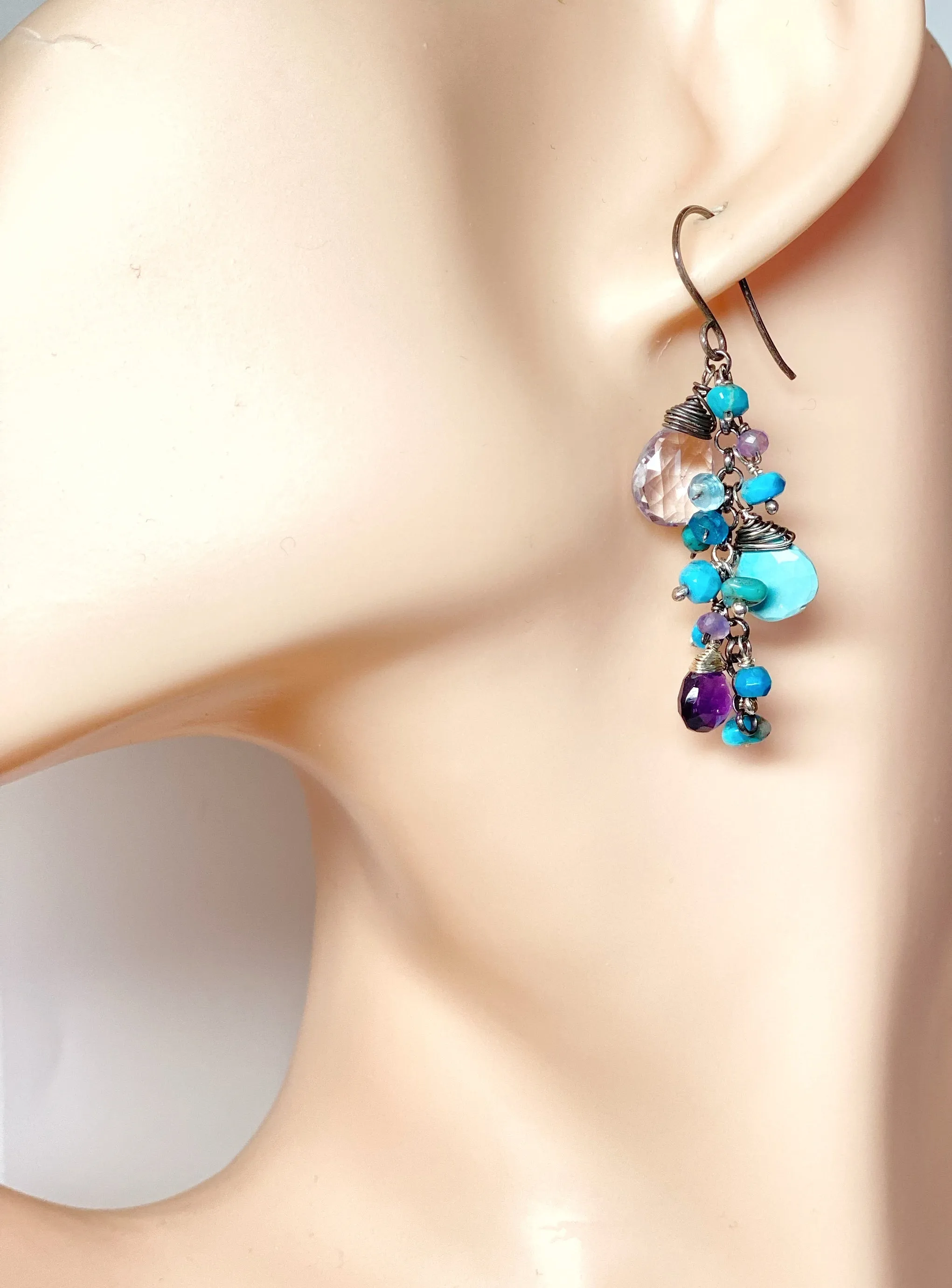 Sleeping Beauty Turquoise Dangle Earrings with Amethyst in Oxidized Sterling Silver