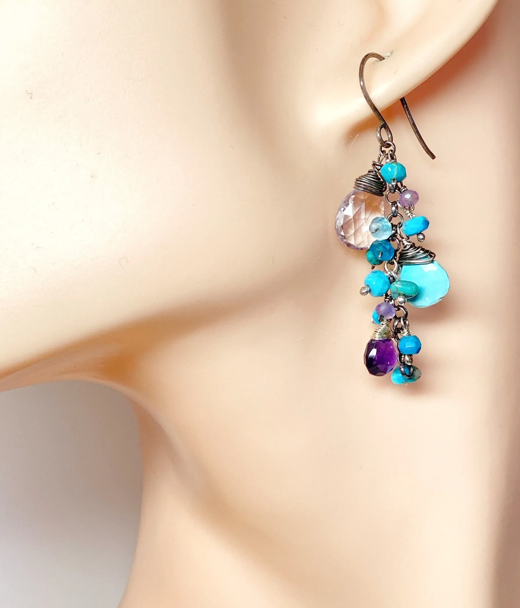 Sleeping Beauty Turquoise Dangle Earrings with Amethyst in Oxidized Sterling Silver