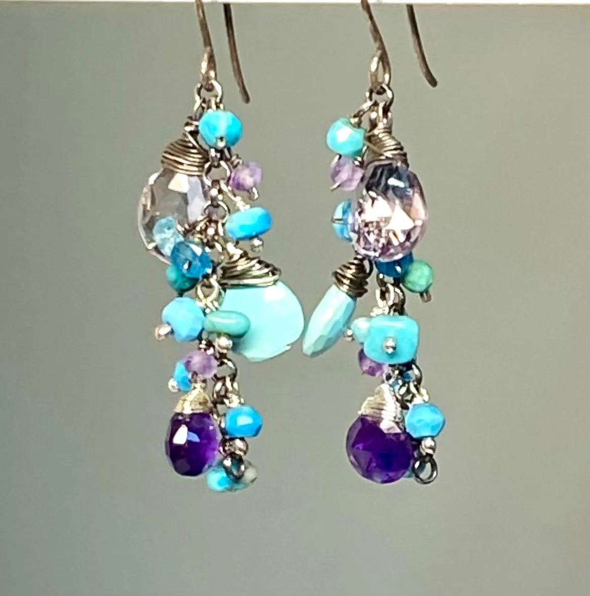 Sleeping Beauty Turquoise Dangle Earrings with Amethyst in Oxidized Sterling Silver