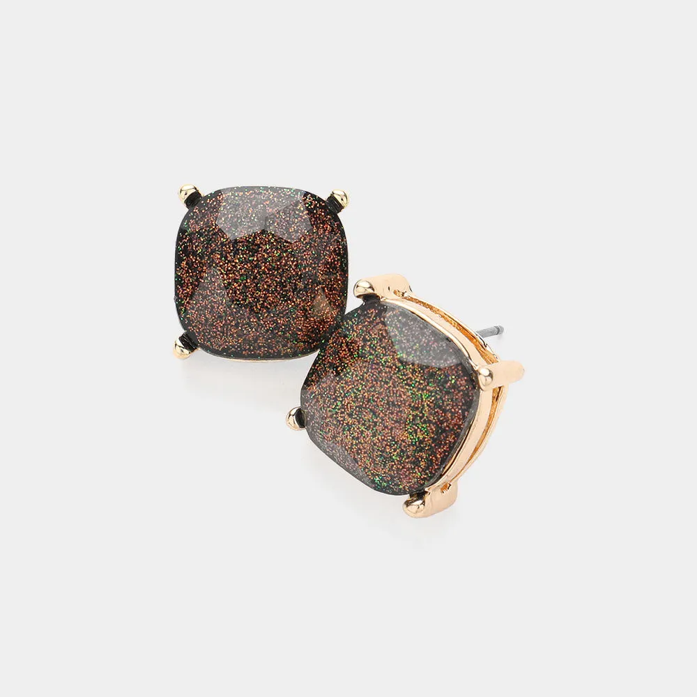 Small Black Glittered Cushion Square Stud Pageant Earrings  | Interview Earrings |  555330
