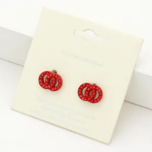 Small Red Rhinestone Double Open Circle Link Stud Pageant Earrings | Earrings for Little Girls  |  220204