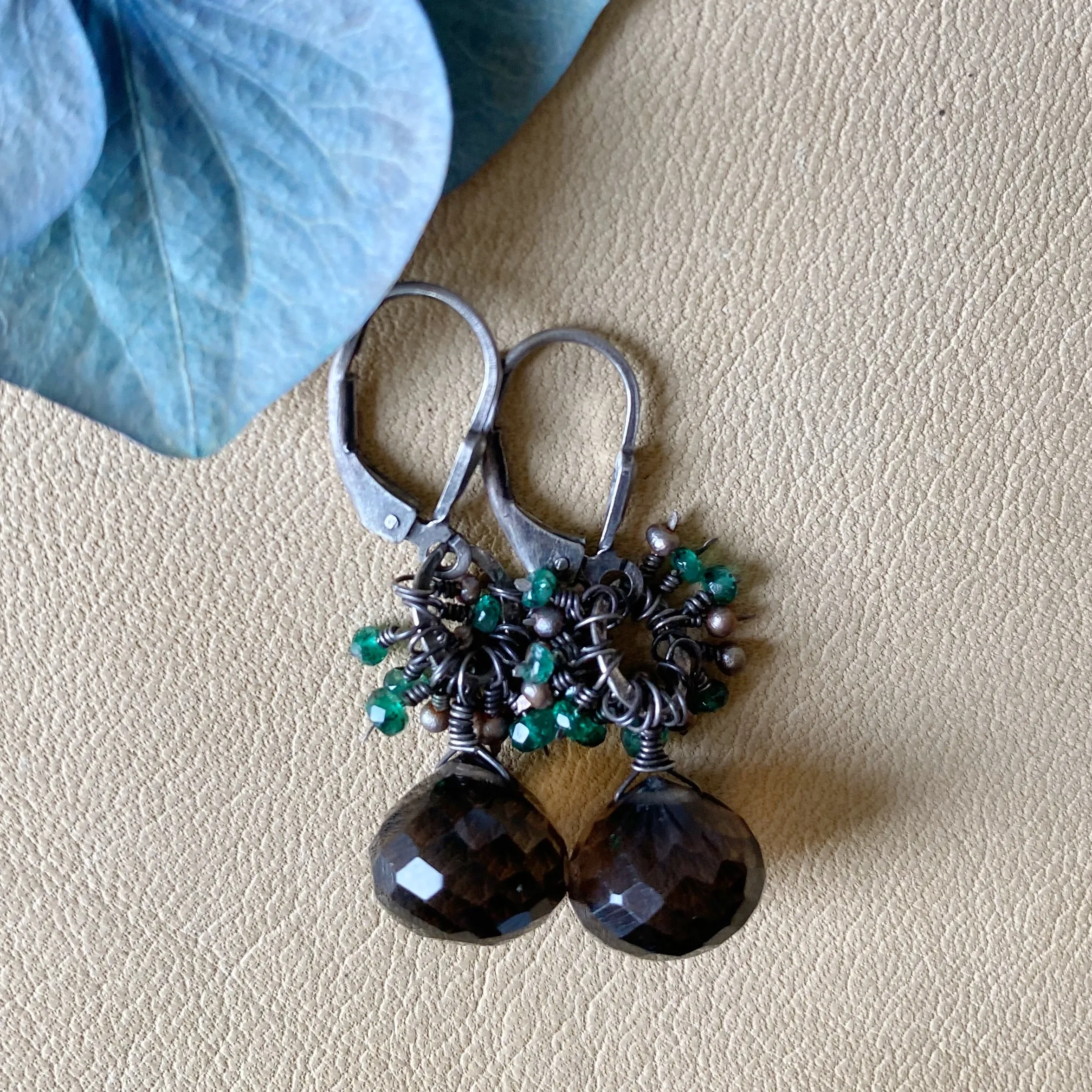 Smokey Quartz with Emerald and Pearls Earrings