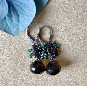 Smokey Quartz with Emerald and Pearls Earrings