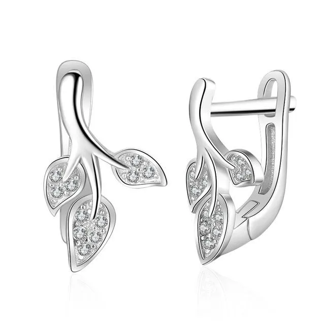 Solid 925 Sterling Silver Stud Earrings for Women Silver 925 Jewelry Women Cubic Zirconia Heart Leaf Earrings for Girls