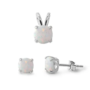 Solitaire Round Earrings White Simulated Opal .925 Sterling Silver Pendant Set