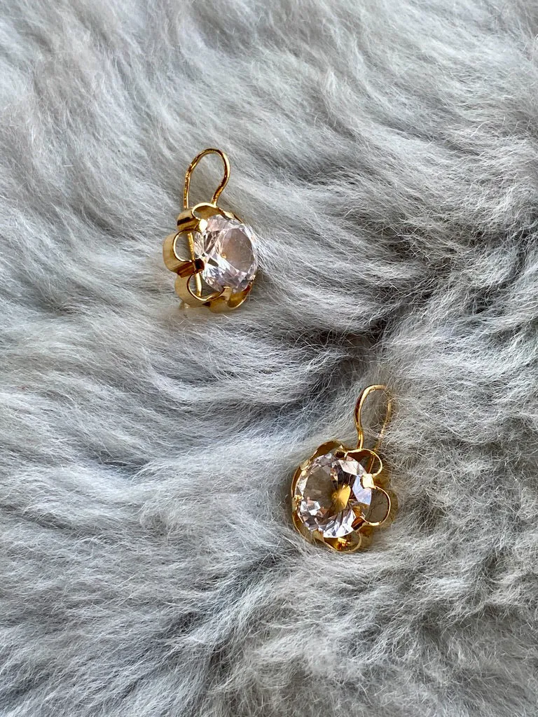Sparkles!! - White topaz and 18k gold Modernist flower earrings - Vintage Scandinavian