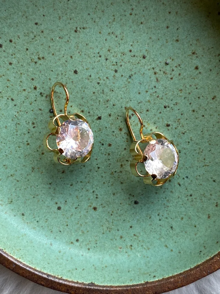 Sparkles!! - White topaz and 18k gold Modernist flower earrings - Vintage Scandinavian