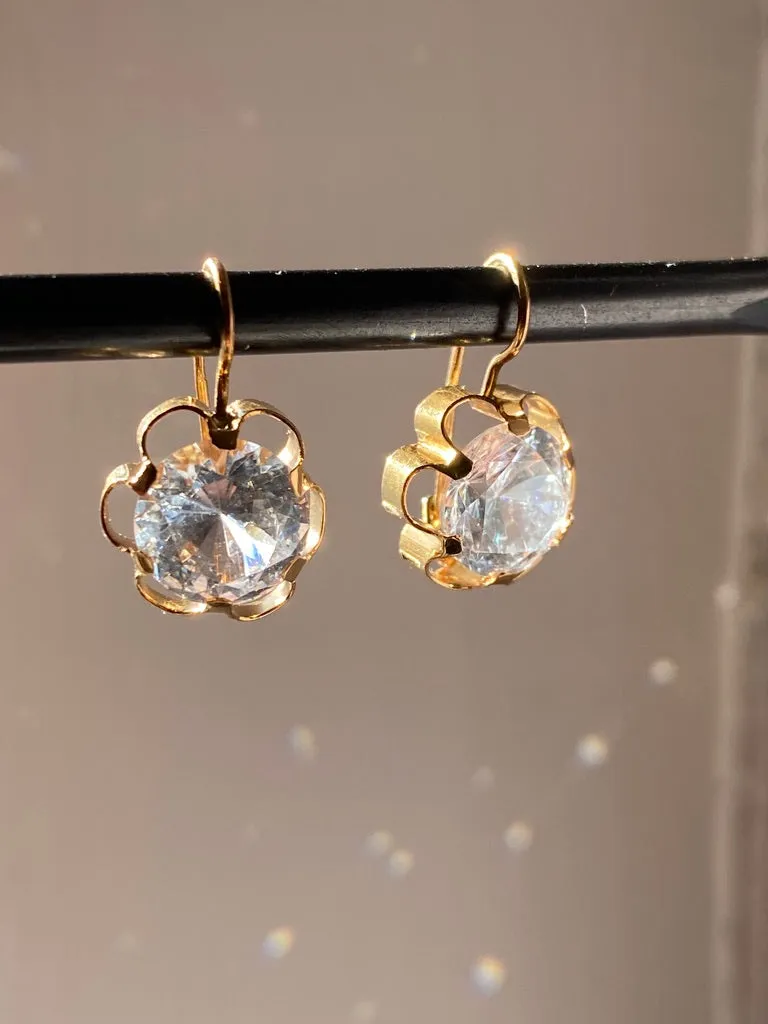 Sparkles!! - White topaz and 18k gold Modernist flower earrings - Vintage Scandinavian