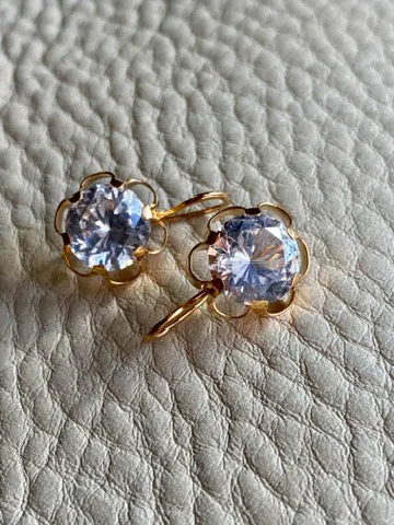 Sparkles!! - White topaz and 18k gold Modernist flower earrings - Vintage Scandinavian