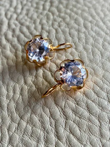 Sparkles!! - White topaz and 18k gold Modernist flower earrings - Vintage Scandinavian