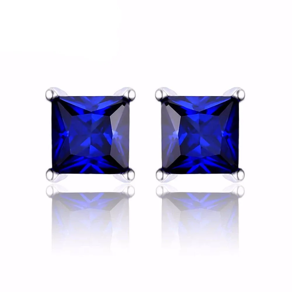 Square 0.8ct Created Blue Sapphire 925 Sterling Silver Stud Earrings for Women Fine Jewelry Fashion Earring