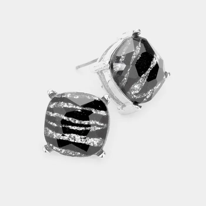 Square Zebra Stone Silver Stud Earrings