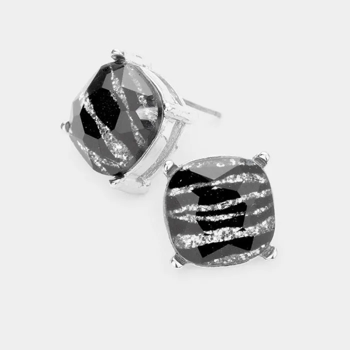 Square Zebra Stone Silver Stud Earrings