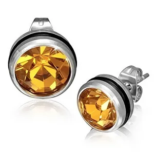 Stainless Steel Black Silver-Tone Round Classic Green CZ Stud Earrings