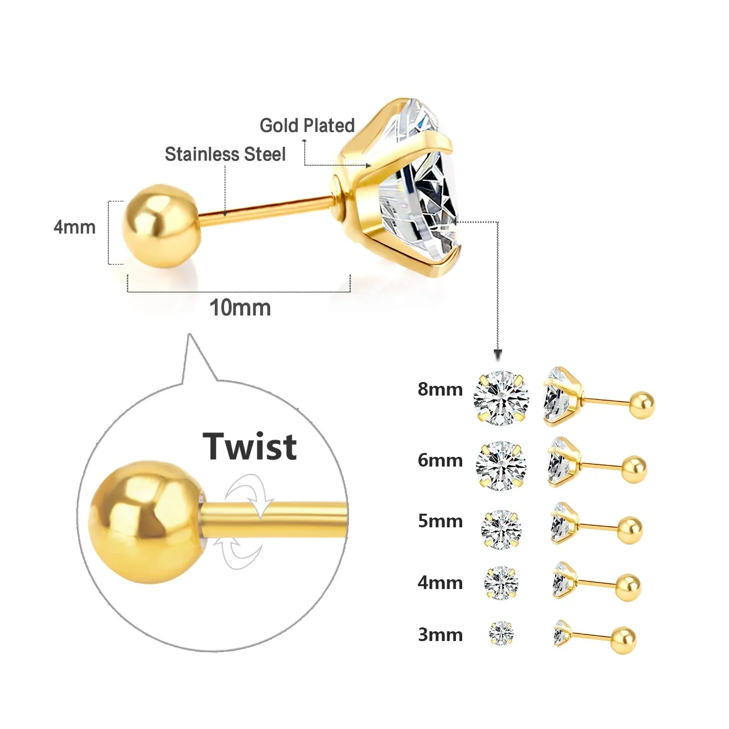 Stainless Steel Crystal Stud Earrings For Women / Men 4 Prong Tragus Round Clear Cubic Zirconia Earrings