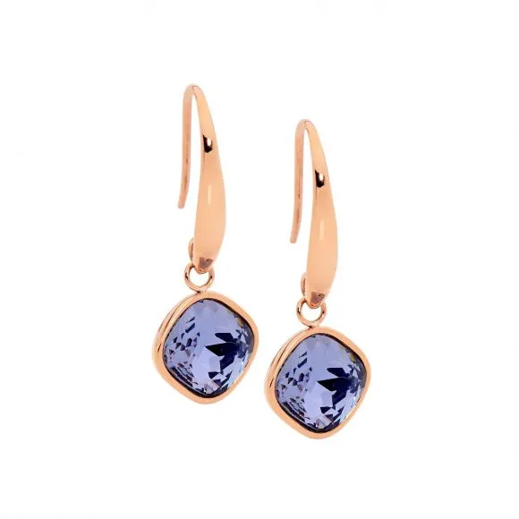 Stainless Steel Rose Gold IP Plated Amethyst Glass Square Drop Earrings SE200A-R
