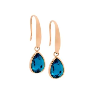 Stainless Steel Rose Gold IP PlatedTear Drop Earrings With Blue Glass SE180BL-R