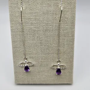 Sterling Silver Amethyst Angel Threader Earrings 2 inch