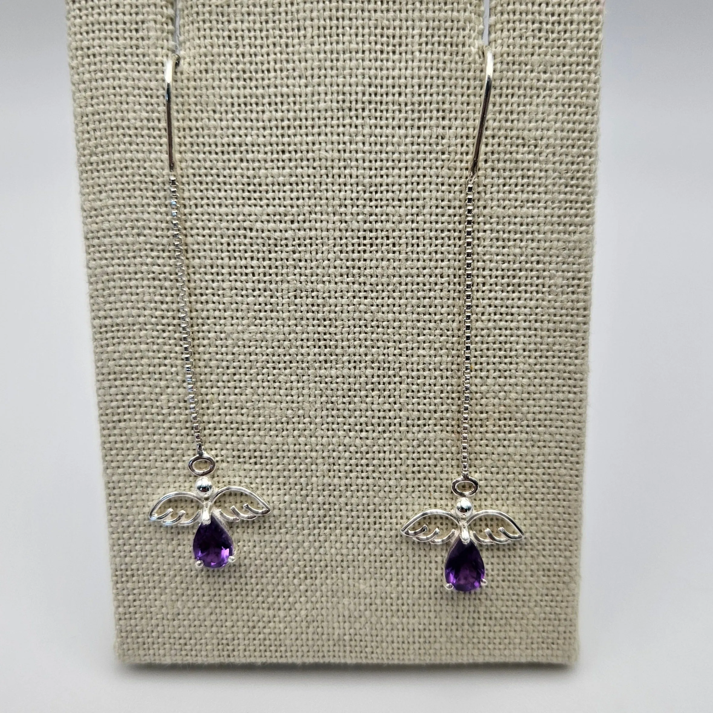 Sterling Silver Amethyst Angel Threader Earrings 2 inch