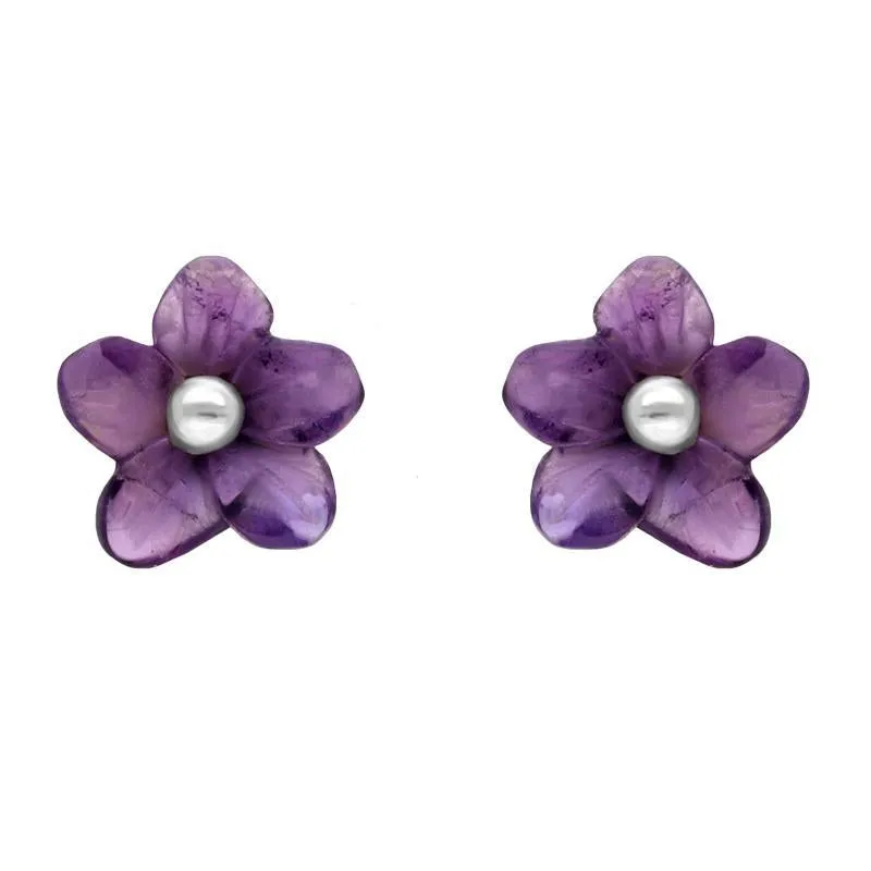 Sterling Silver Amethyst Tuberose 8mm Pansy Stud Earrings