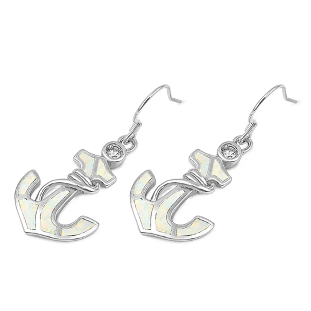 Sterling Silver Anchor Mosaic Nautical Modern Earrings White Synthetic Opal 925
