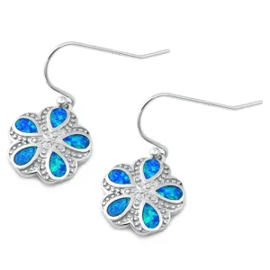 Sterling Silver Bali Flower Sand Dollar Shell Boho Earrings Blue Synthetic Opal