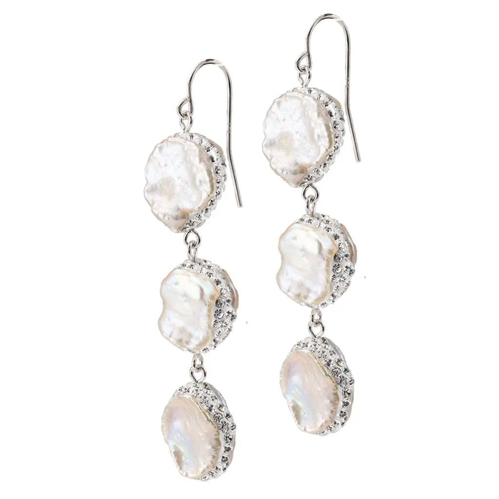 Sterling Silver Baroque Pearl with Pave Triple Drop Earrings Euro Wire