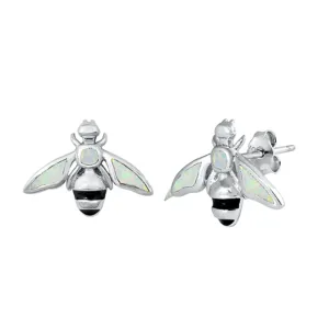 Sterling Silver Bumble Bee Animal Insect Bug Earrings White Synthetic Opal 925