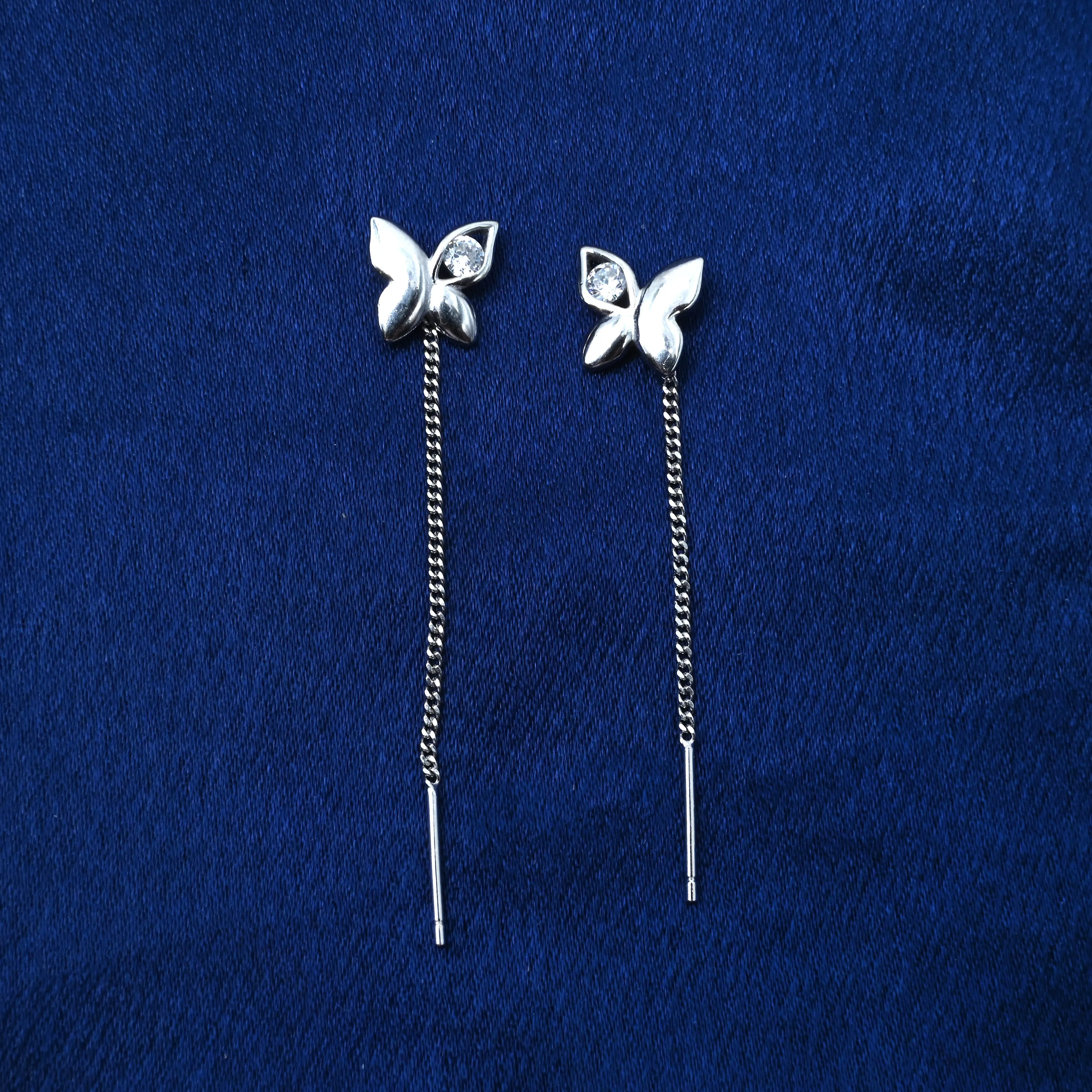 Sterling Silver Butterfly Drop Earrings with Unique Single Stone