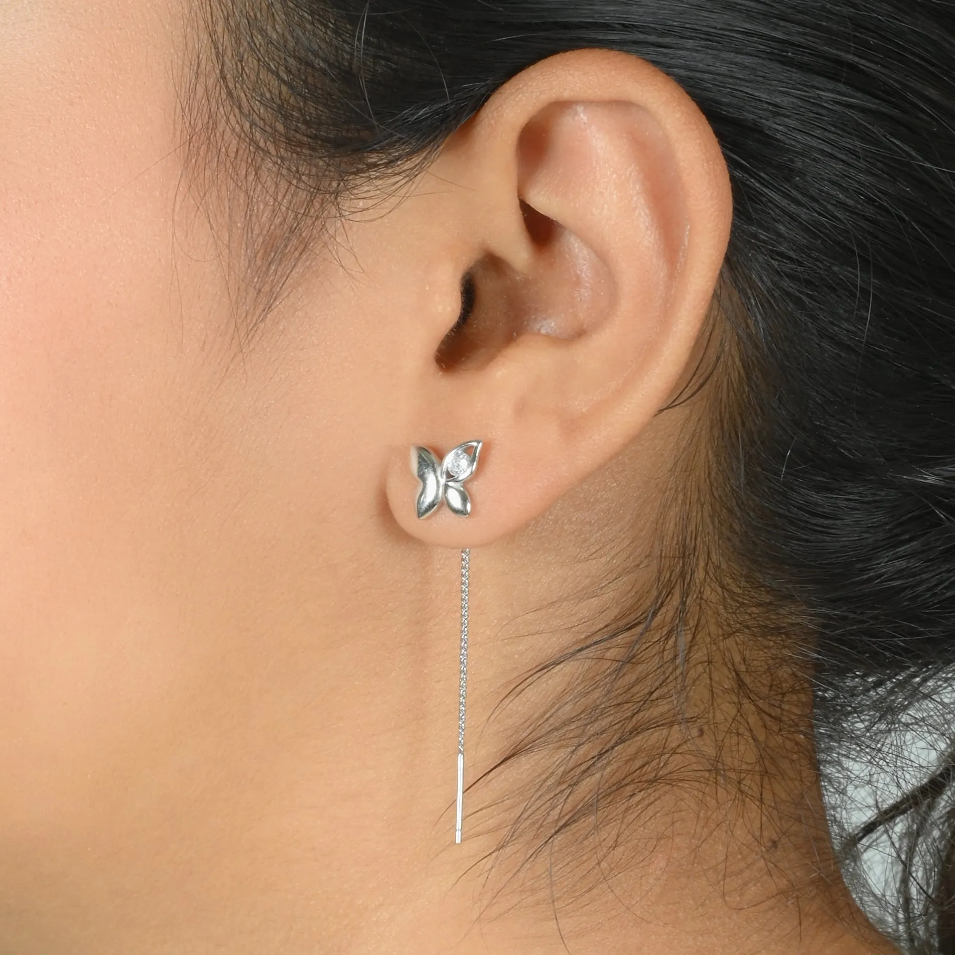 Sterling Silver Butterfly Drop Earrings with Unique Single Stone