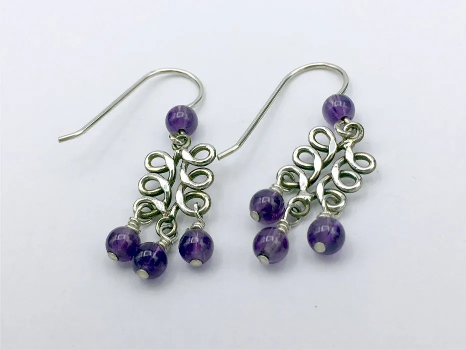 Sterling silver Celtic knot swirl dangle earrings-amethyst, swirls, knots