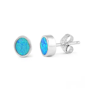 Sterling Silver Classic Oval Round High Polish Earrings Blue Synthetic Opal 925