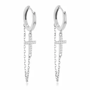 Sterling Silver Cross Chain Hoop Earrings