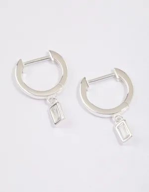 Sterling Silver Cubic Zirconia Baguette Drop Huggie Earrings