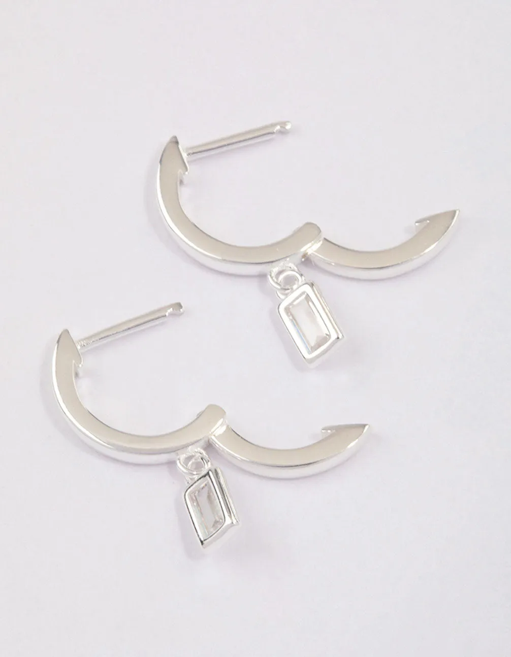 Sterling Silver Cubic Zirconia Baguette Drop Huggie Earrings