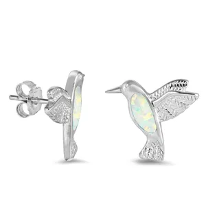 Sterling Silver Cute Hummingbird Bird Mosaic Earrings White Synthetic Opal 925