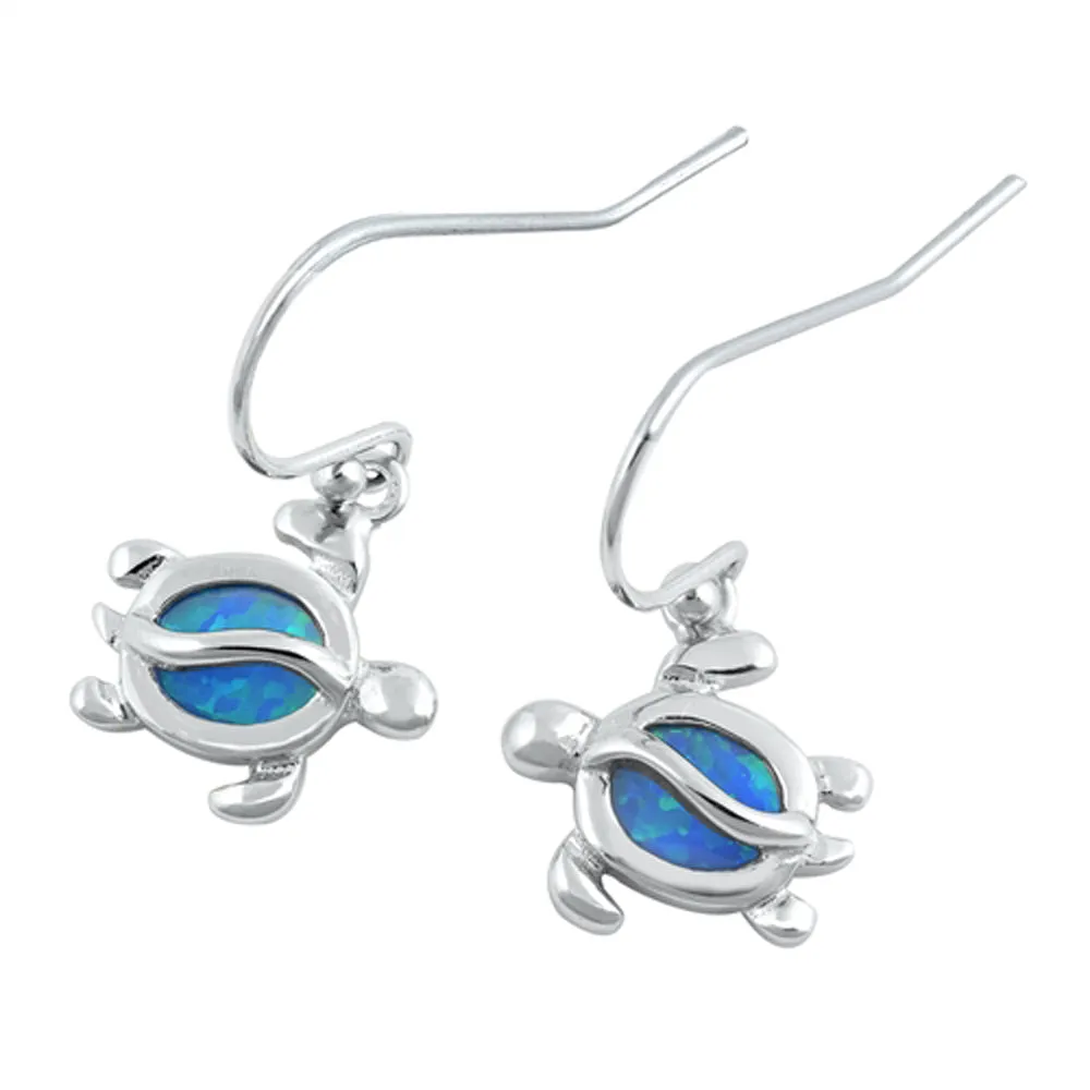 Sterling Silver Cute Turtle High Polish Ocean Earrings Blue Synthetic Opal 925