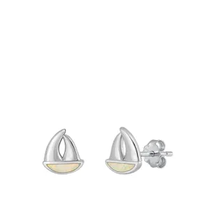 Sterling Silver Cute White Synthetic Opal Sailboat Ocean Earrings 925 New