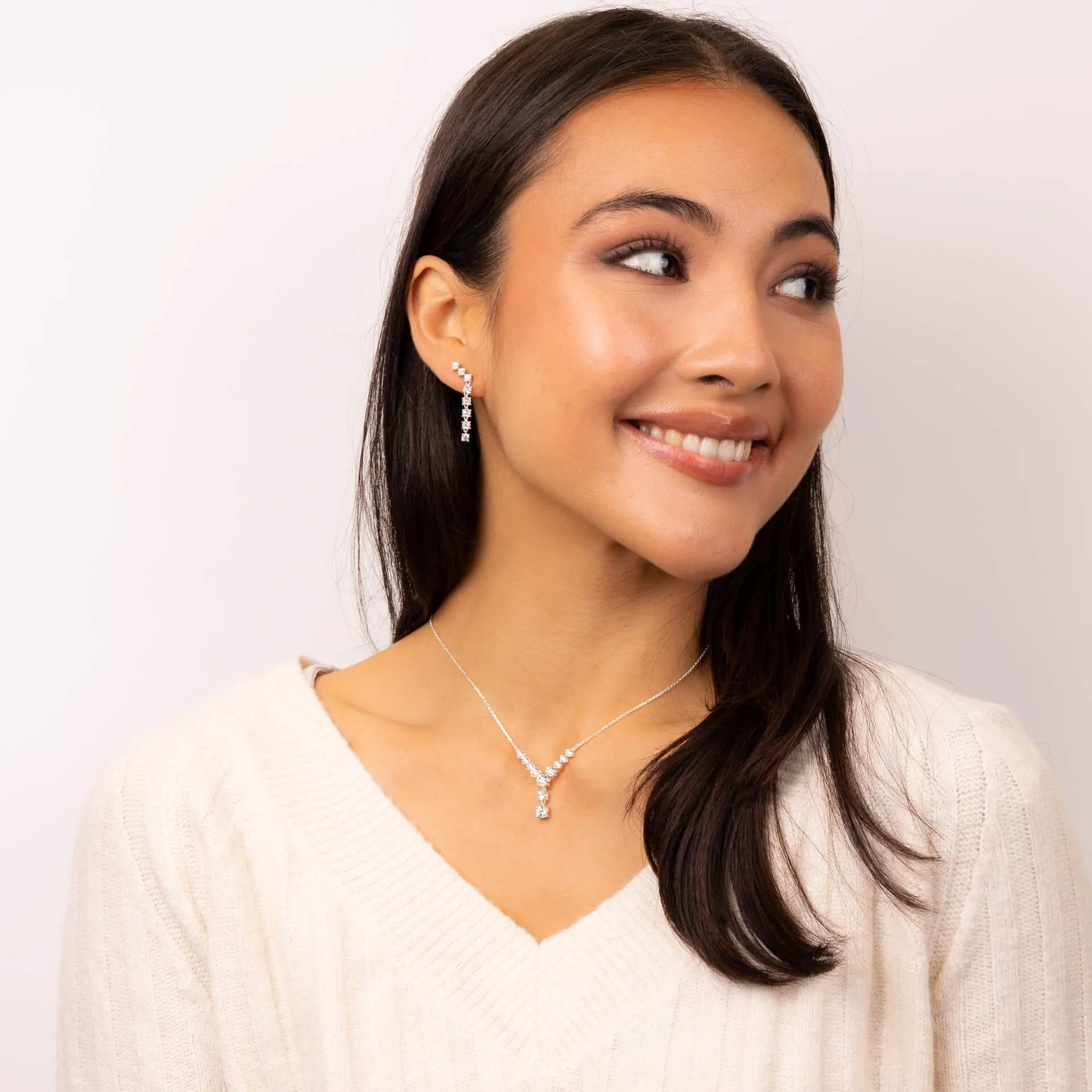 Sterling Silver CZ Graduated Long Drop Stud Earrings