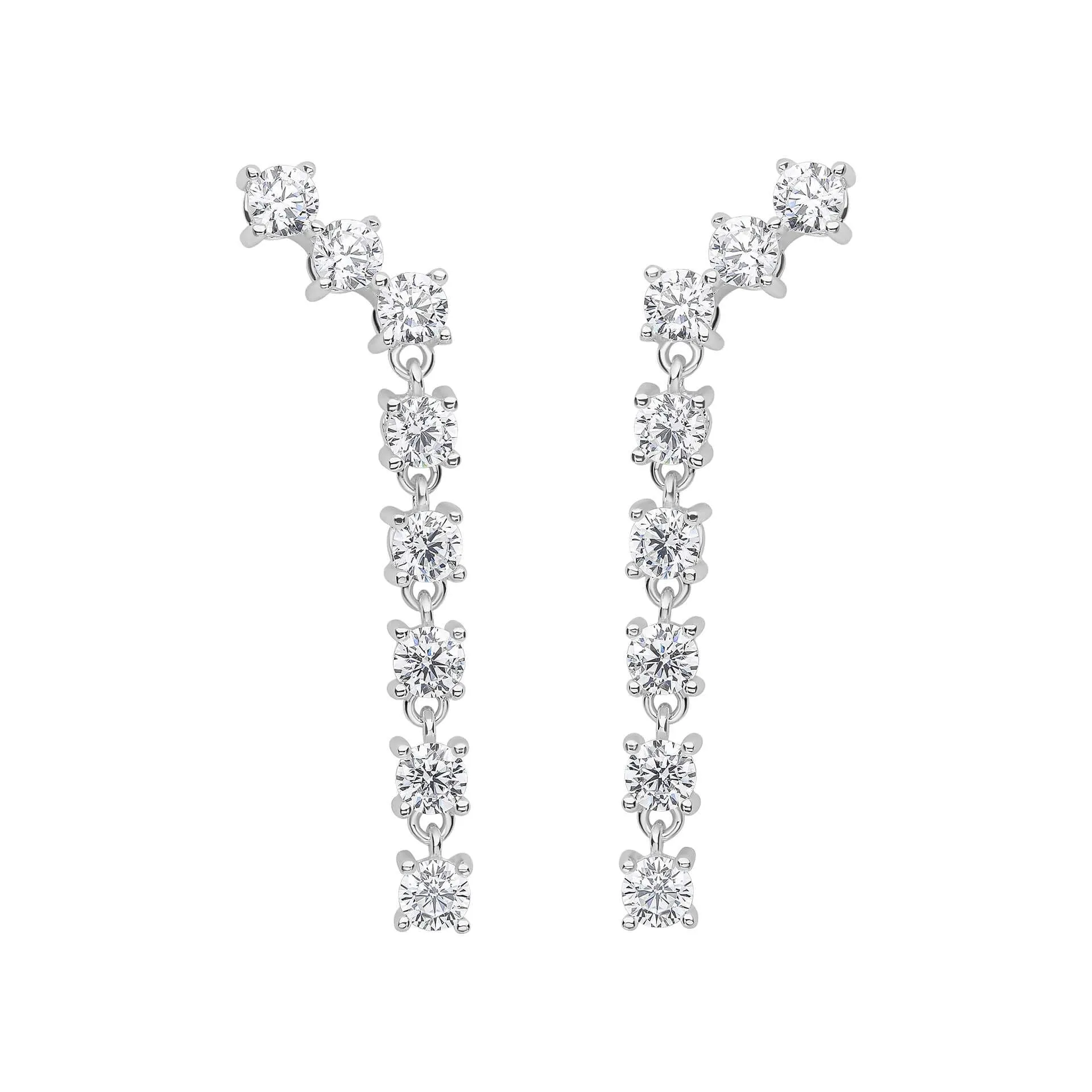 Sterling Silver CZ Graduated Long Drop Stud Earrings