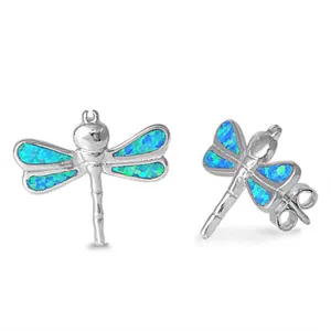 Sterling Silver Dragonfly High Polish Bug Cute Earrings Blue Synthetic Opal 925
