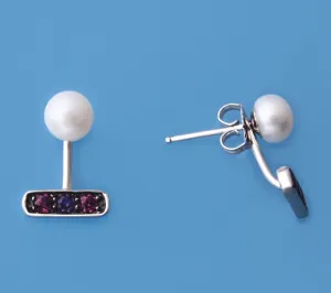 Sterling Silver Earrings with 6-6.5mm Button Shape Freshwater Pearl, Amethyst and Rhodolite Garnet