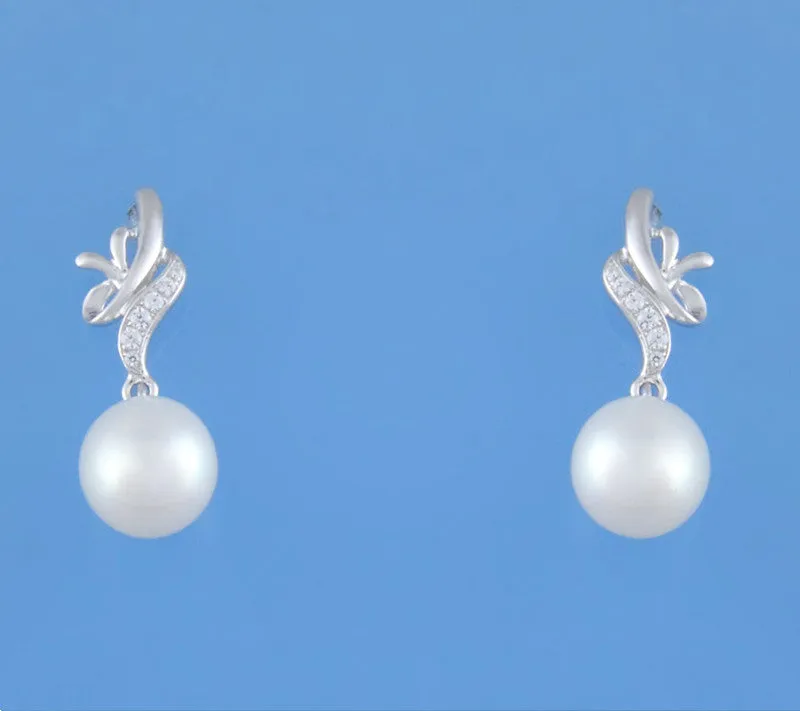 Sterling Silver Earrings with 9-9.5mm Drop Shape Freshwater Pearl and Cubic Zirconia