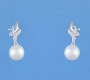Sterling Silver Earrings with 9-9.5mm Drop Shape Freshwater Pearl and Cubic Zirconia