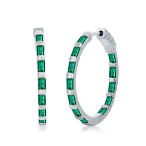 Sterling Silver Emerald Green Baguette Cubic Zirconia Hoop Earrings (97646)