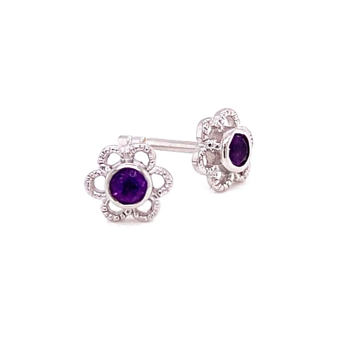 Sterling Silver Flower Child Stud Earrings With Round Amethyst Center