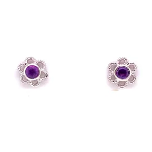 Sterling Silver Flower Child Stud Earrings With Round Amethyst Center
