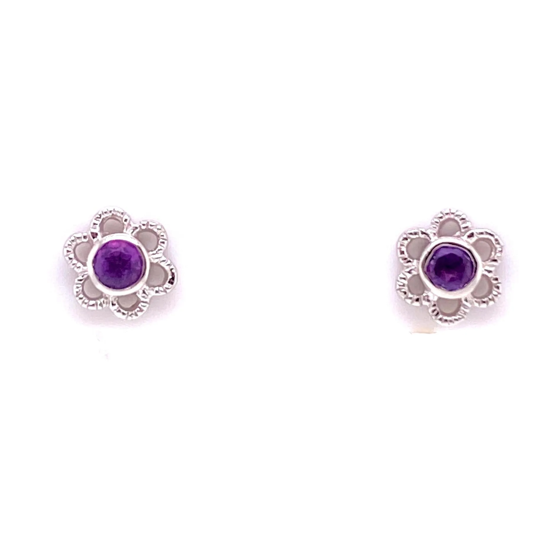 Sterling Silver Flower Child Stud Earrings With Round Amethyst Center
